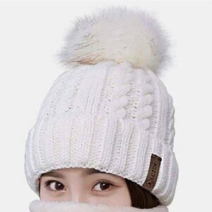 LCZTN White Cable Knit Fleece Lined Pom Beanie Cap OS